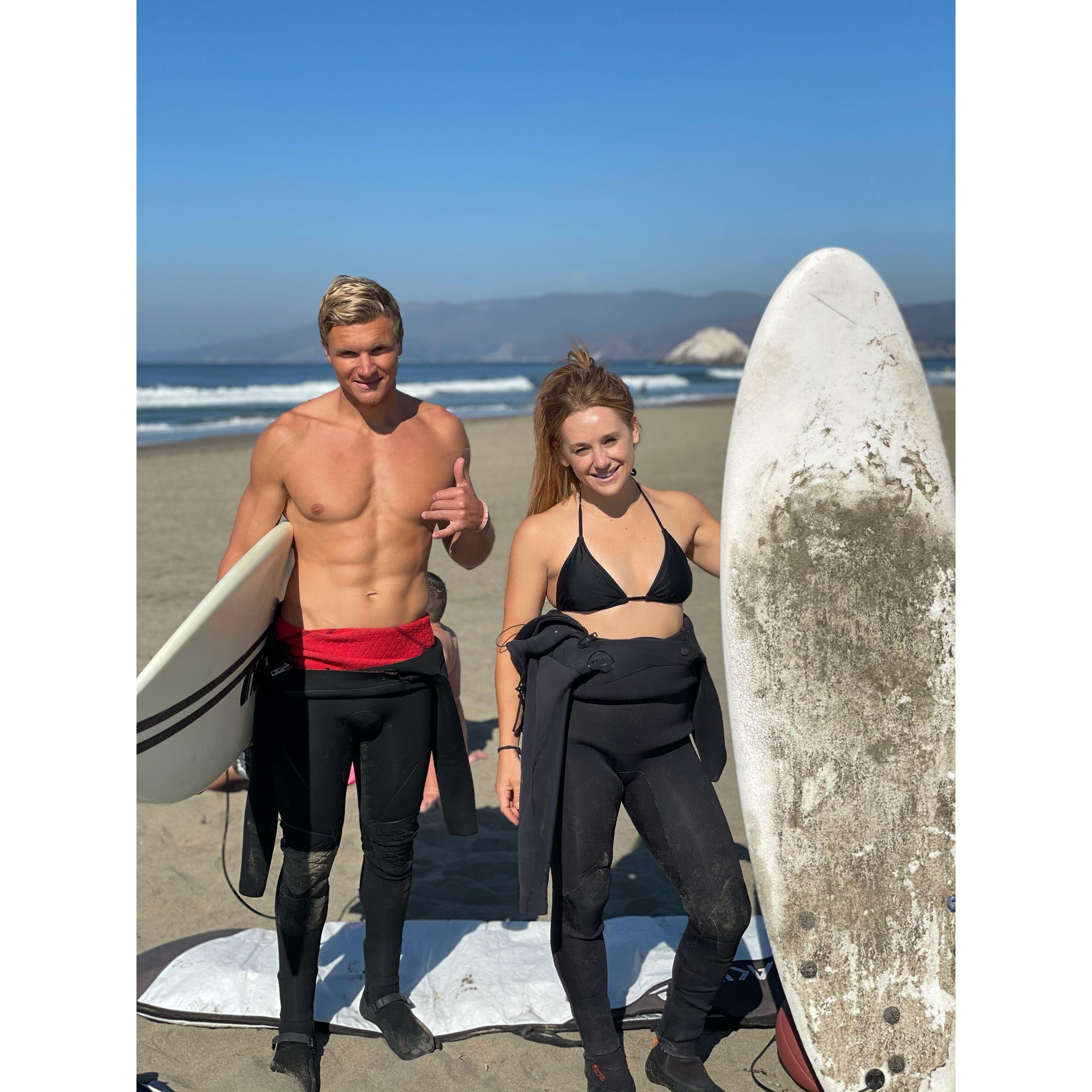 Our first picture together and first surf together at Ocean Beach. Leslie ended up in Santa Cruz