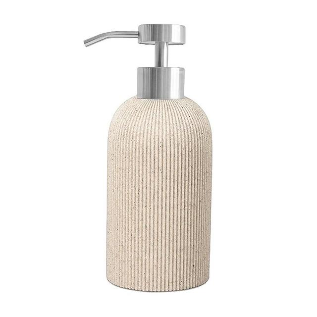 Lunestella Modern Elegant Design Bathroom Hand Soap Dispenser with Silver Stainless Steel Pump, Lotion, Dish Soap, Multiuse, Farmhouse Rustic Luxury Style, Rust Proof, Sand Beige, 7oz