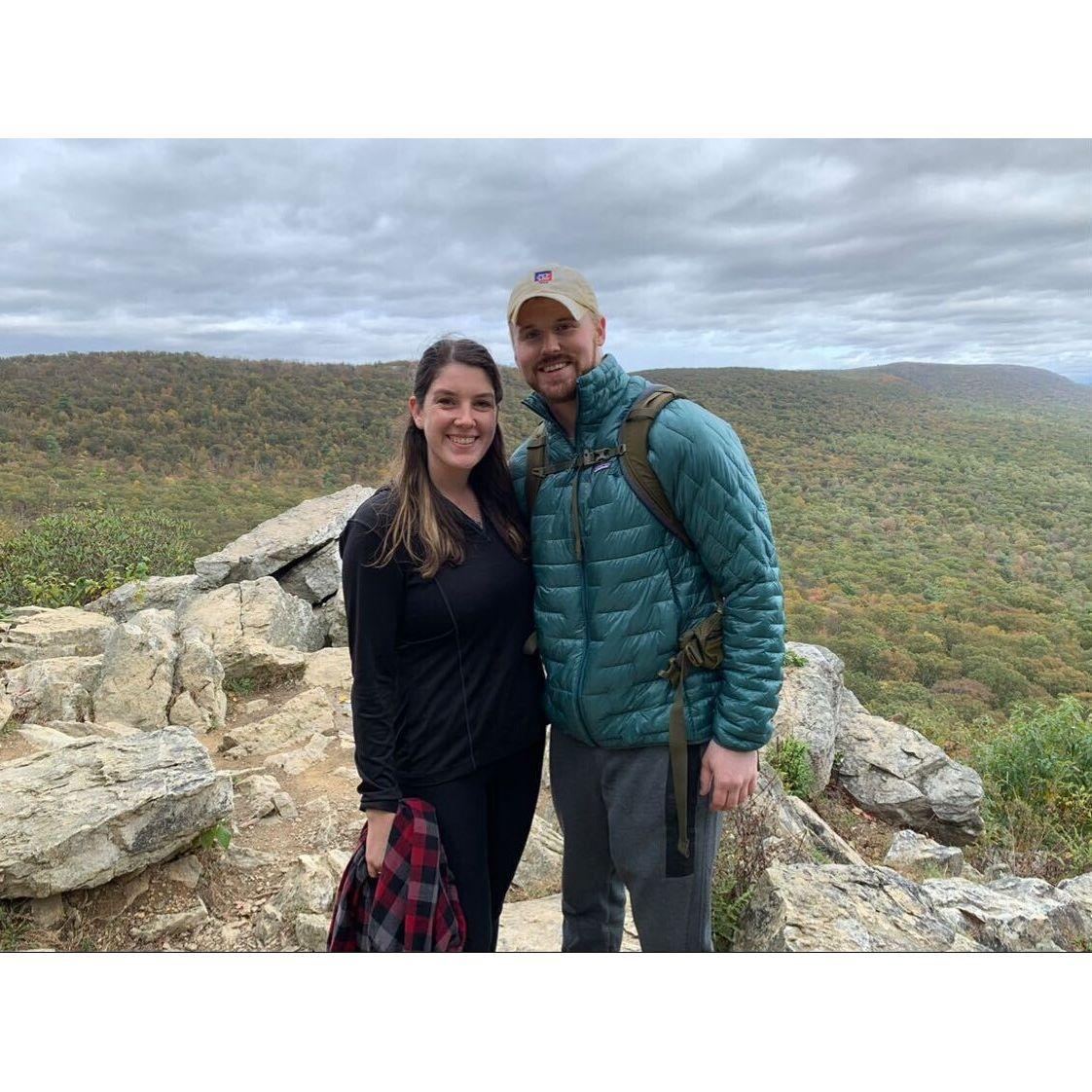 Our first photo together after hiking Hawk Mountain in the Poconos -  apple picking, hiking, and grabs beers and burgers at Victory!