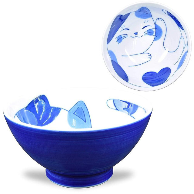Mino Ware Japanese Rice Bowl, Rice Ramen Noodle Soup Sarada Pasta, NEKOCHIGURA Cat Design, 4.5 inch 9.2 fl oz, Mike