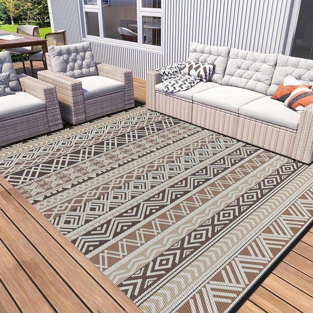 MontVoo Outdoor Rug Carpet Waterproof-Patio Rug Mat 8x10 Reversible RV Outdoor Camping Rugs Picnic Beach Mats Plastic Straw Outside Rugs for Balcony Porch Pool Deck Boho Patio Decor