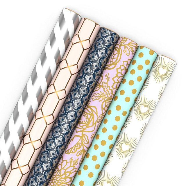 Hallmark Wrapping Paper with Cutlines on Reverse (6 Rolls: 180 Sq. Ft. Total) White and Silver Stripes, Mint Green, Gold Hearts and Flowers for Valentine's Day, Weddings, Bridal Showers, Birthdays