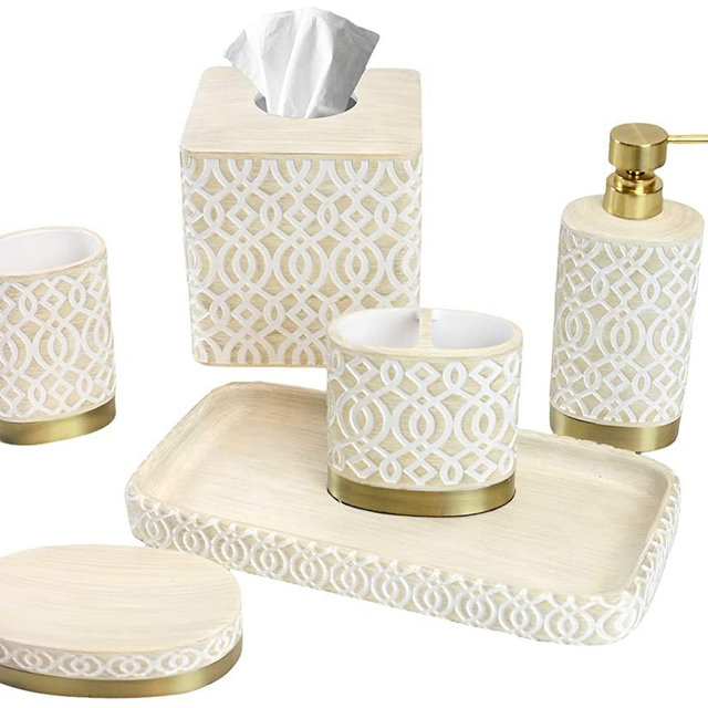 Bathroom Accessory Complete Set Countertop Organizer Soap Lotion Dispenser Tooth Brush Holder Soap Dish Tumbler Vanity Tray Tissue Box 6 pcs Set (Karl)