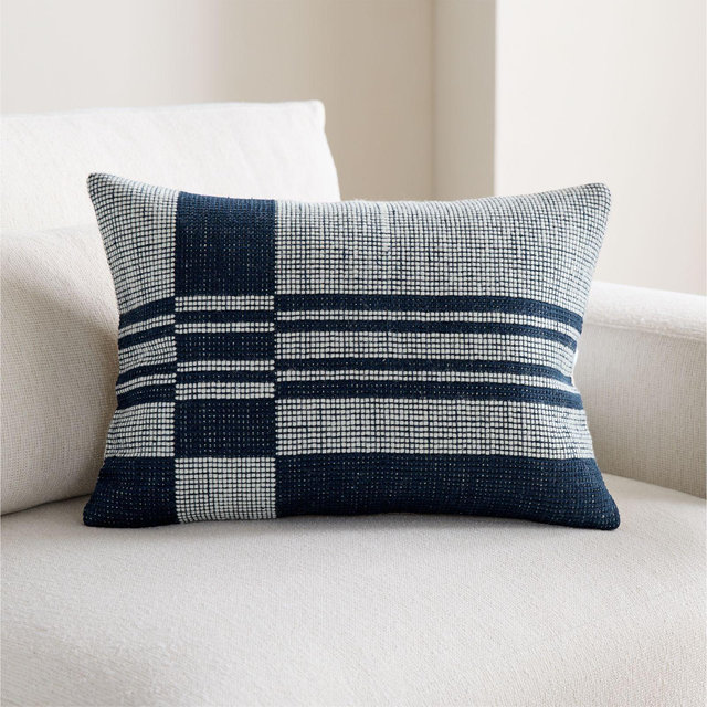 Wool/Linen Plaid 22"x15" Deep Indigo Throw Pillow with Down-Alternative Insert