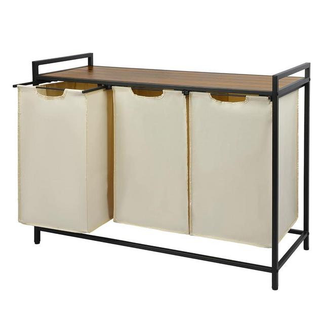 Graciadeco Pull Out Laundry Hamper 3 Compartment Laundry Sorter with Shelf 3 Section Laundry Basket with 3 x 16 Gallons Removable Bags for Laundry Room Bathroom and Dorm, Beige