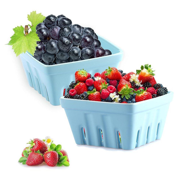 ELLDOO Set of 2 Ceramic Berry Basket, Square Kitchen Fruit Bowl With Holes, 5.7inch Colander Cute Bowl for Strawberry Berries Grape Cherry Veggies, Blue