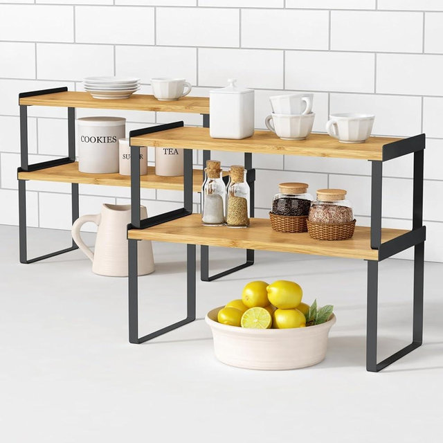 Goozii Large Kitchen Cabinet Shelf Organizer Set of 4, Stackable Countertop Organizer for Kitchen Counter, Adjustable Organizers and Storage Rack for Spices Plate (Bamboo, Black)