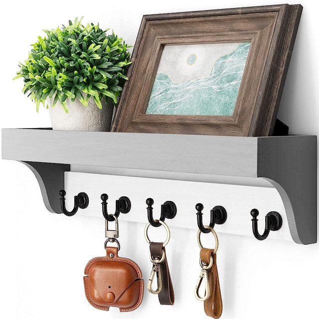 Rebee Vision Key Holder for Wall with Shelf : Decorative Wall Hook with 5 Rustic Keys Hooks and Primitive Wood Mail Organizer Wall Mount - Entryway Décor (Grey and White)