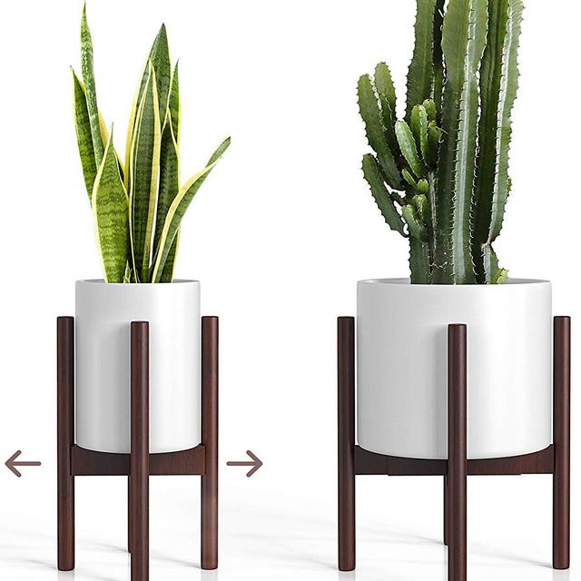 BluBox - Mid Century Plant Stand - Adjustable Modern Indoor Plant Holder - Brown Planter Fits Medium & Large Pots Sizes 8 9 10 11 12 inches (Not Included) (Adjustable Width: 8-12" x 16" Tall, Dark Brown)