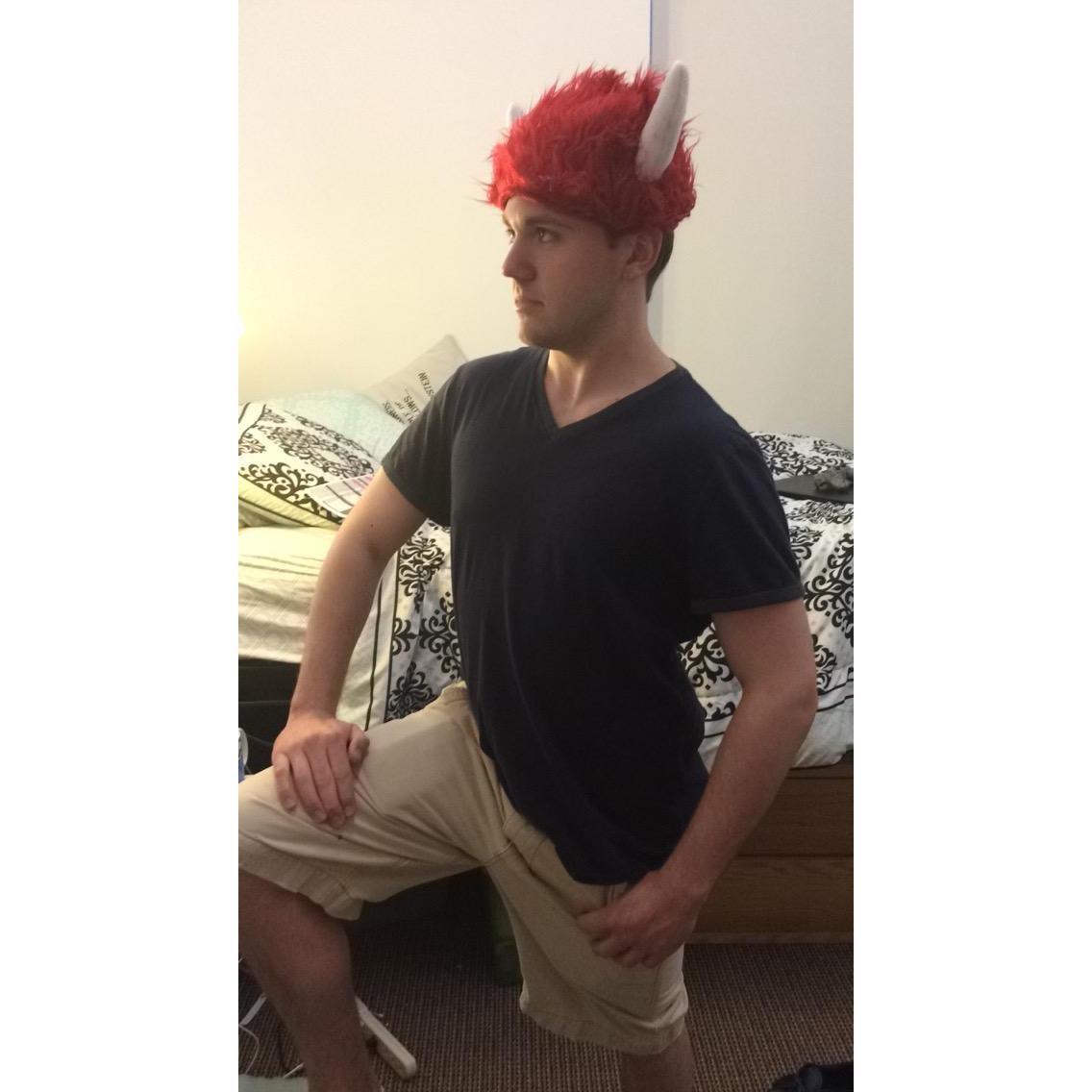 Nick rocking Nicole's Viking Hat from a Warrior Dash