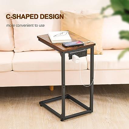 AMHANCIBLE C Shaped End Table with Charging Station, Slim Side Table Set of 2, Narrow Sofa Table for Small Space, Metal Frame, USB Ports Power Outlets, Rustic Brown HET02CPBR