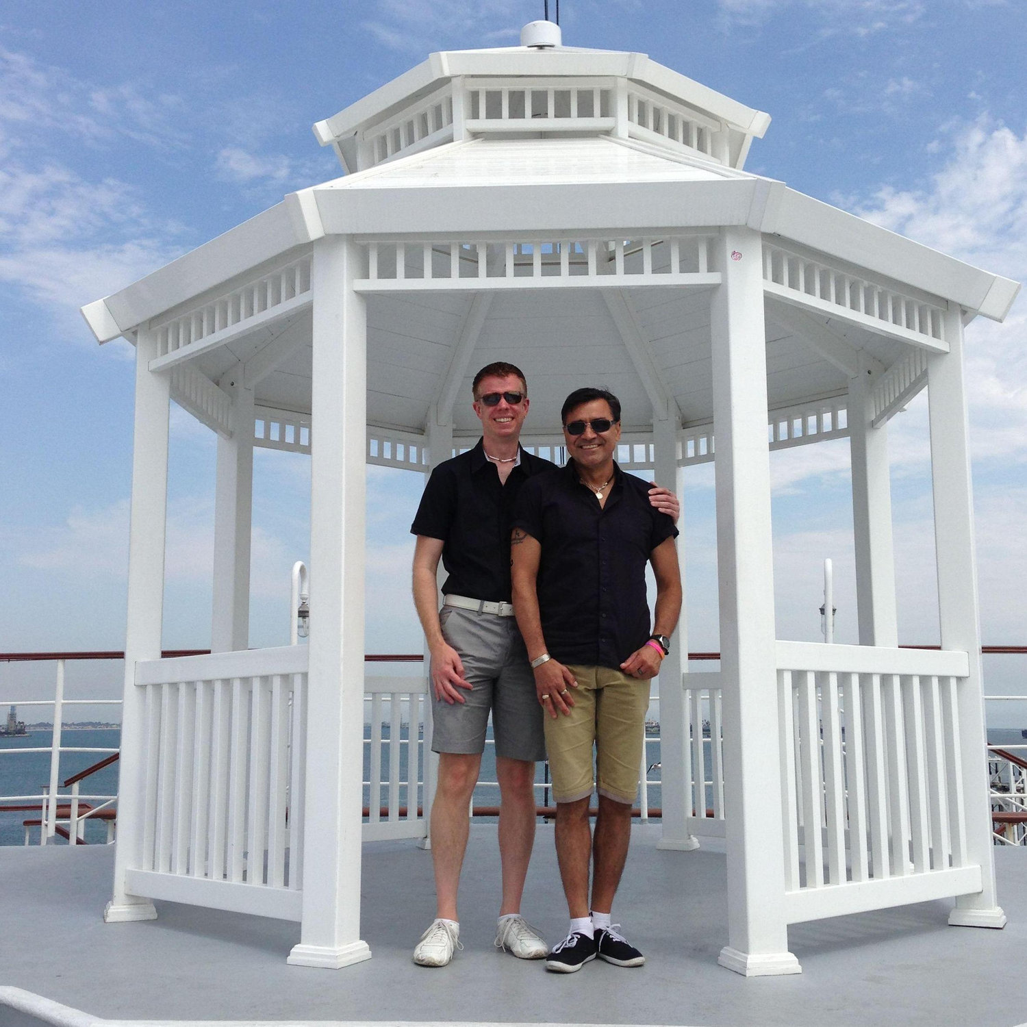 Trying out a gazebo on the Queen Mary in Long Beach, thinking, someday we will get married