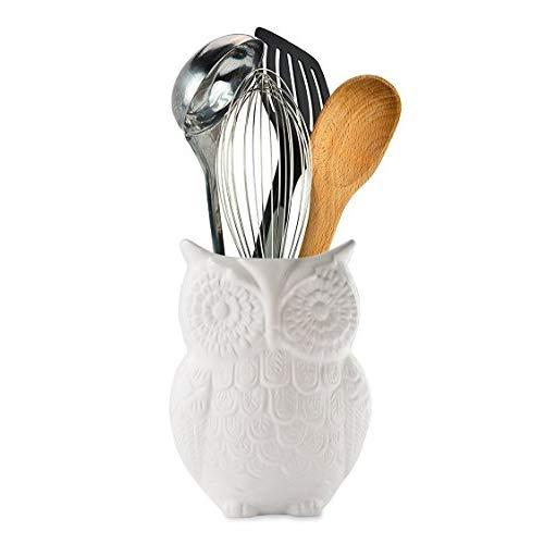 Comfify Owl Utensil Holder Decorative Ceramic Cookware Crock & Organizer, in Lovely White Color - Utensil Caddy and Perfect Kitchen Ceramic Décor Gift - 5” x 7” x 4” Size