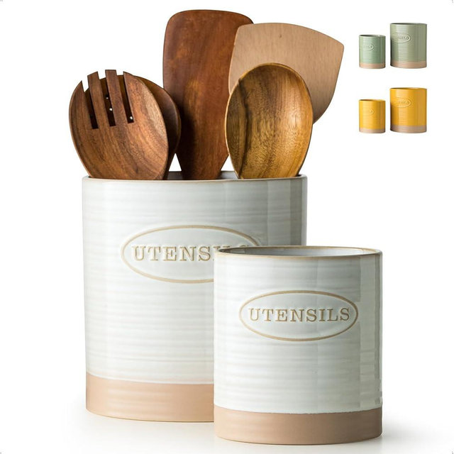 YHOSSEUN Utensil Holder Set of 2, Ceramic Utensil Holder for Kitchen Counter, 6.7"+5.1" Kitchen Utensil Crocks Spatula Holder for Countertop, Two-tone Finish Oval Opening