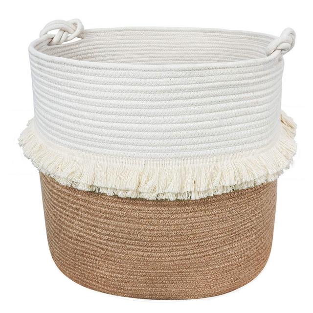 Large Woven Storage Baskets - 16'' x 16'' Cotton and Jute Rope Decorative Hamper for Nursery, Toys, Blankets, and Laundry, Cute Tassel Nursery Decor - Home Storage Container