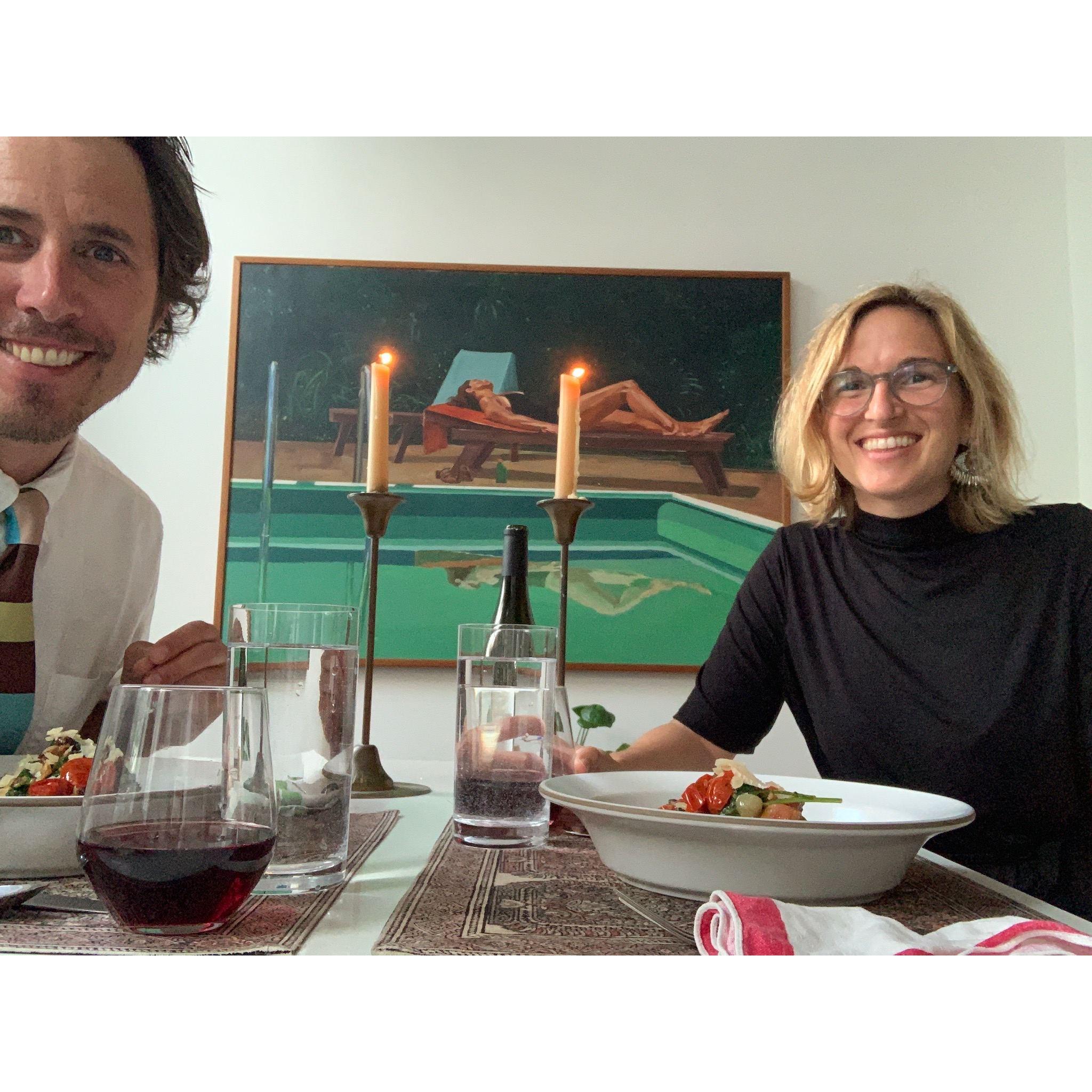 Genevieve was surprised when Carl put on a tie for this dinner at home that he prepared in the very small kitchen of his small apartment (at the time).