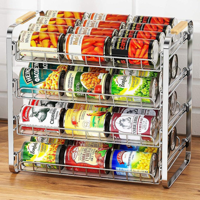 MAXIFFE 4 Tier Can Organizer for Pantry, Pantry Organizers and Storage Holder Dispenser Rack for Snacks Soda Drinks, Holds Up to 48 Cans for Pantry Kitchen Cabinet Countertop, Chrome