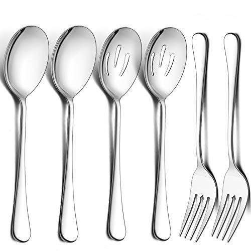 LIANYU Large Serving Spoons and Forks Set of 12, Stainless Steel Buffet Catering Dinner Party Slotted Serving Spoon Fork, 9.8 Inch, Mirror Finished, Dishwasher Safe
