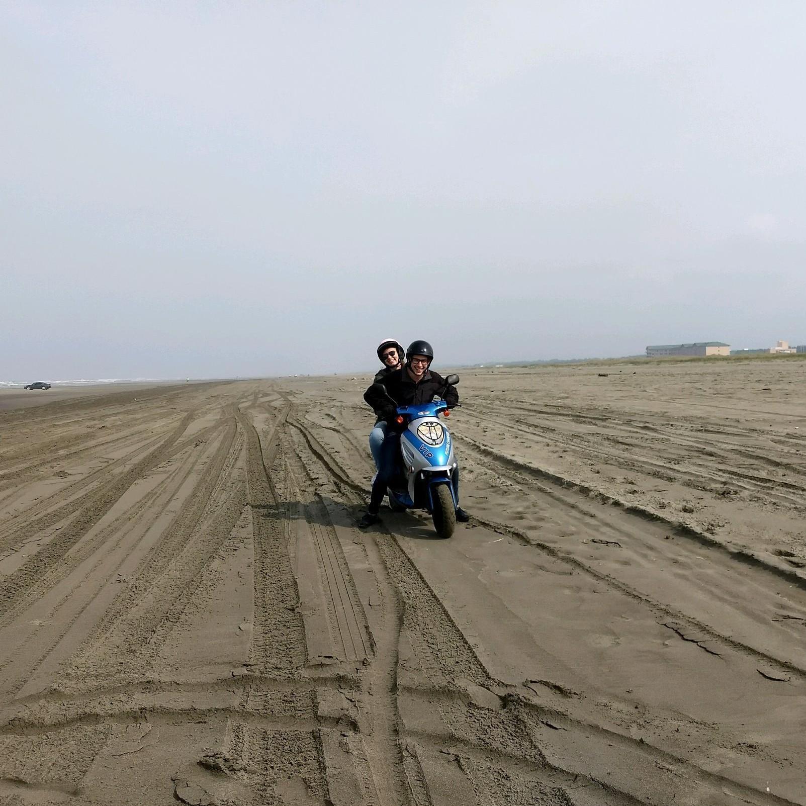 Roughing the sand on a moped in Ocean Shores, WA.