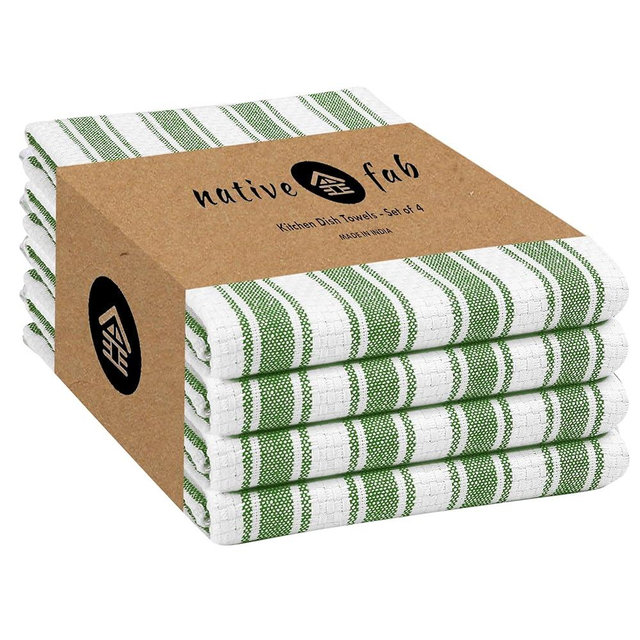 Native Fab Stripe Kitchen Towel - 4 Pack - Basket Weave 100% Cotton Dish Towels - 16x26 inches - Absorbent Towels for Cleaning, Quick Drying, Washable Dish Cloths with Hanging Loop - Mint Green