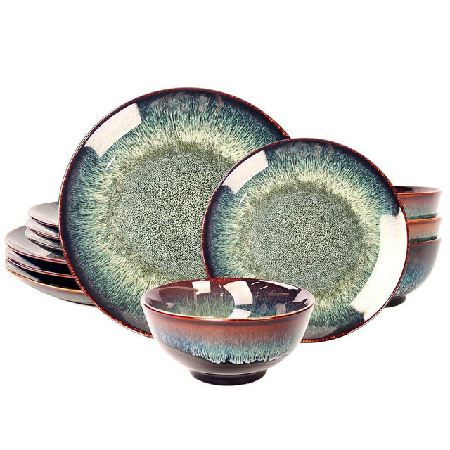 jinsongdafa Dinner Set 12 Pieces - Round Reactive Glaze Tableware - Kitchen Dinnerware Porcelain Crockery with Dinner Plate, Bowl and Soup Plate Service for 4, Microwave Dishwasher Safe, Set (No.2)