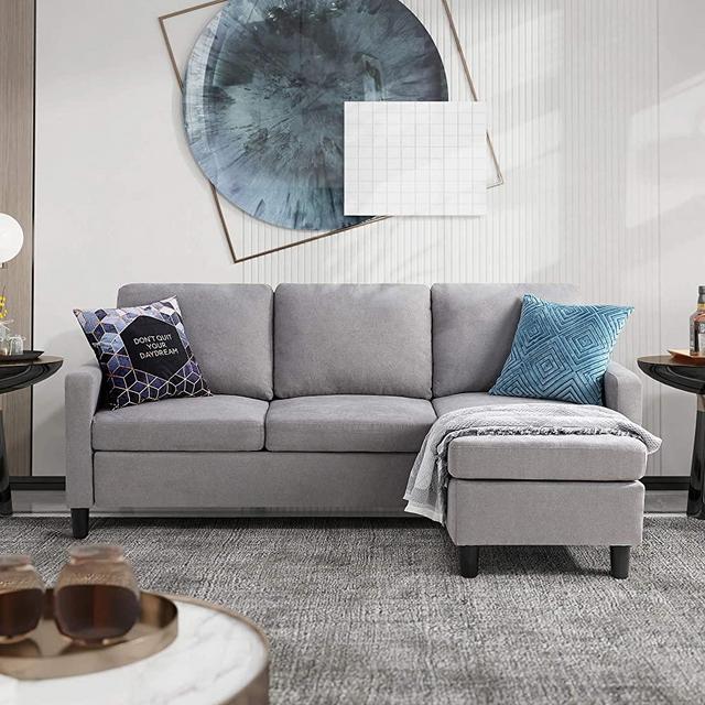 Walsunny Convertible Sectional Sofa for Small Space L-Shaped Couch with Modern Linen Fabric (Light Grey)