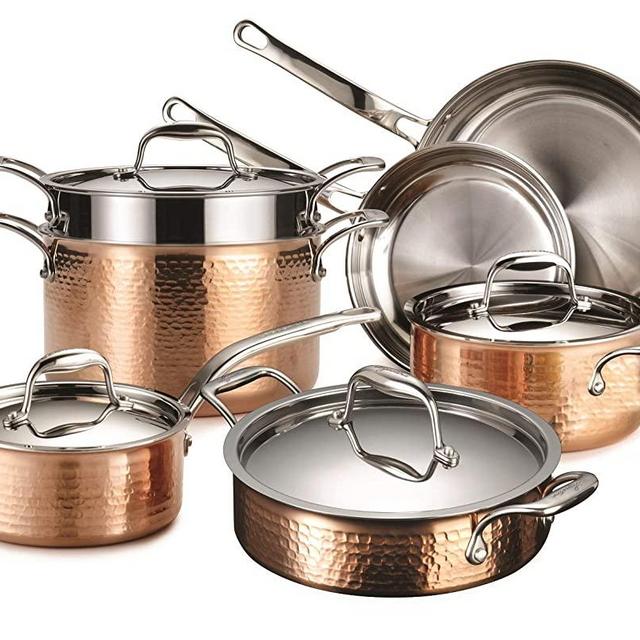 Lagostina Martellata Tri-ply Hammered Copper 11 PC Pots and Pans Cookware Set, Copper