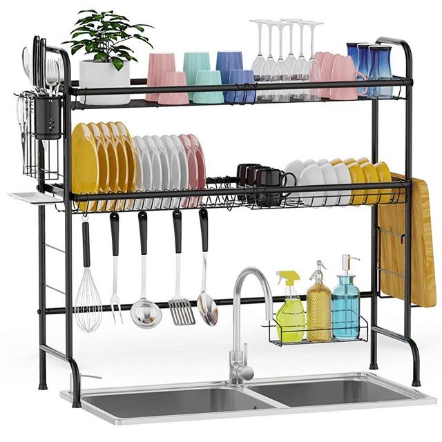 Over The Sink Dish Drying Rack, GSlife Stainless Steel 2 Tier Dish Rack Above Kitchen Sink Shelf Durable Dish Drainer, Black