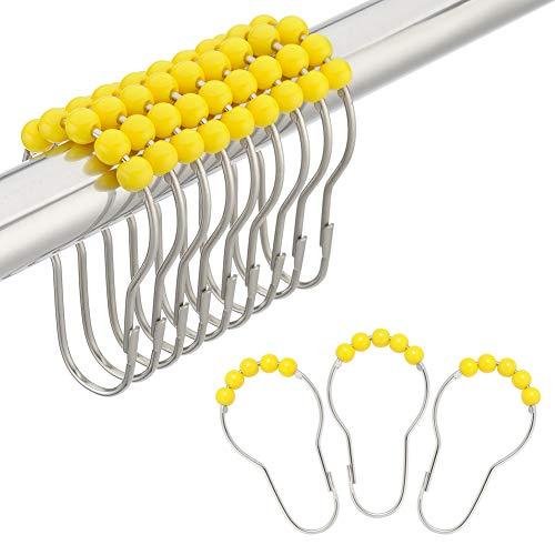 Amazer Shower Curtain Hooks Rings, Stainless Steel Shower Curtain Rings and Hooks for Bathroom Shower Rods Curtains-Set of 12, Yellow