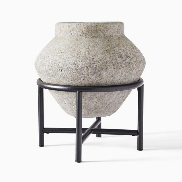 Geometric Urn Floor Planter with Stand,16"D X 18"H, Gray Stone