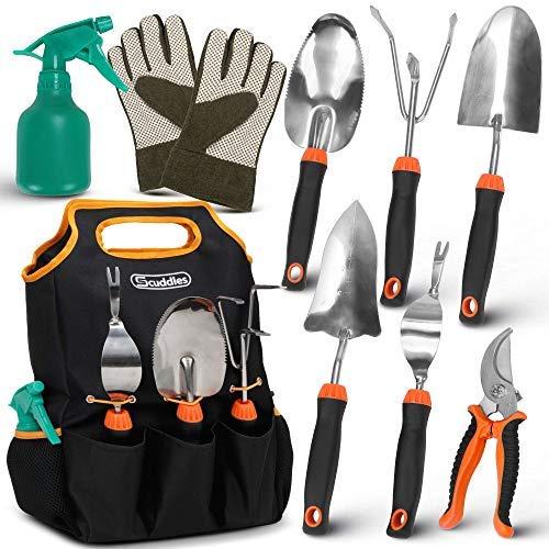 Scuddles 7 Piece Stainless Steel Heavy Duty Garden Tools Set, with Non-Slip Rubber Grip, Storage Tote Bag, Outdoor Hand Tools, Garden Gift, Black and Orange |