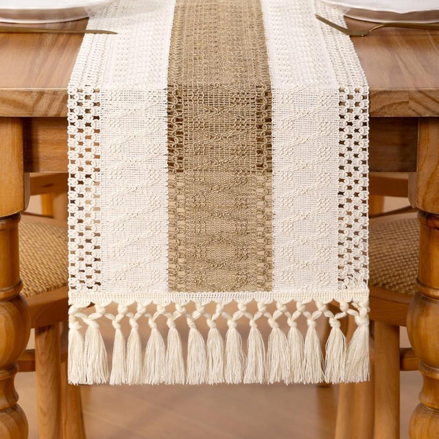 DeZerlor Boho Macrame Table Runner Farmhouse Woven Small Table Runner with Tassels 36 Inches Ivory& Burlap Brown Cotton Linen Kitchen Table Decor for Dining Dresser Home Tea Table Decor