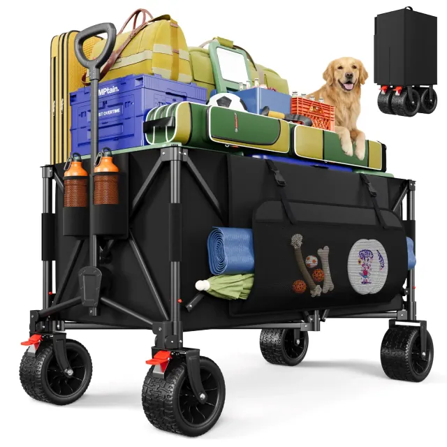 Collapsible Folding Utility Wagon Cart with 4x7 All-Terrain Wheels, 400 lb Capacity, Black