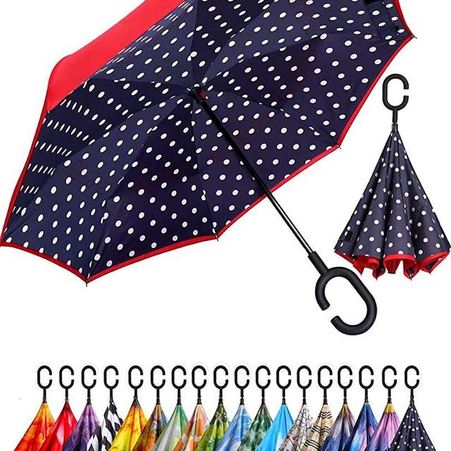 BAGAIL Double Layer Inverted Umbrella Reverse Folding Umbrellas Windproof UV Protection Big Straight Umbrella for Car Rain Outdoor with C-Shaped Handle