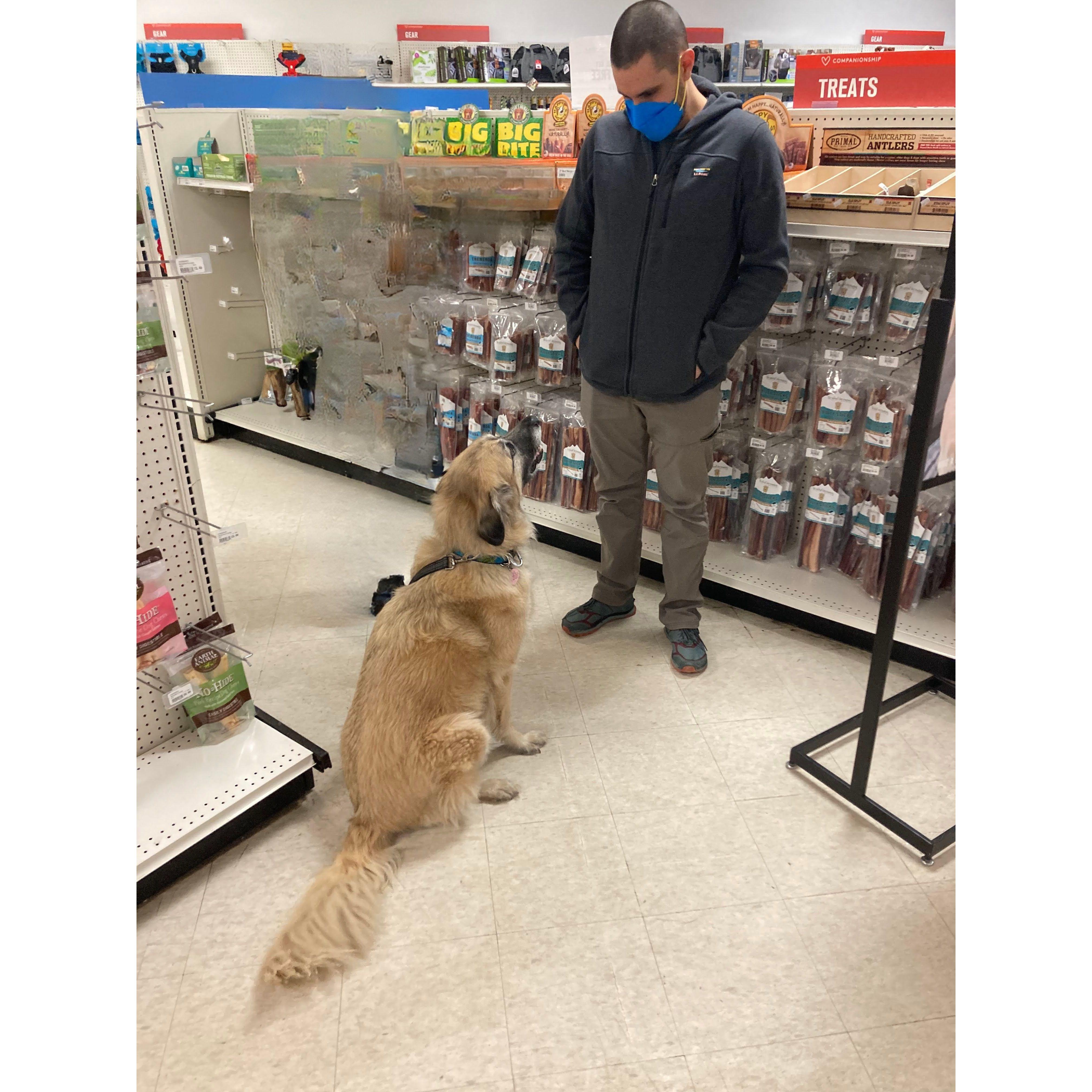 We met at the Pet Store Marcus worked at. Here, Marcus & Charlie finally meet. Luckily, Charlie approved.