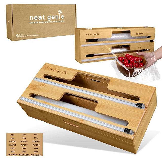 Neat Genie 2 in 1 Bamboo Foil and Plastic Wrap Organizer with Cutter - Foil and Plastic Wrap Dispenser with Cutter - Organizer Holds 12" Parchment, Foil, and Plastic Rolls