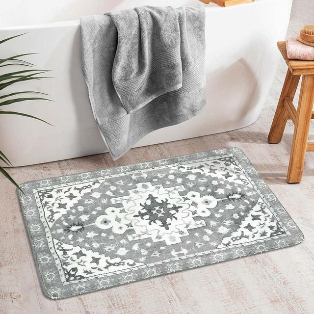Uphome Boho Retro Bathroom Rug Gray Non-Slip Soft Bath Rug Machine Washable Oriental Bathroom Mat Traditional Farmhouse Floral Floor Mats for Bathtub Shower Toilet, 20x31 inch