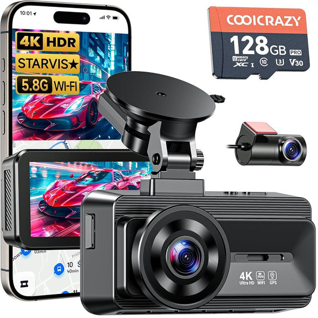 Coolcrazy 4K Dash Cam Front and Rear, STARVIS Sensor, Free 128GB Card Included, 5GHz WiFi-up to 20MB/s, Dual Dash Camera for Cars, Built-in GPS, G-Sensor, WDR/HDR Super Night Vision, 24H Parking Mode