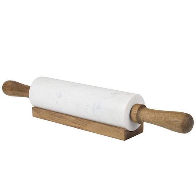Creative Home 74229 Deluxe Genuine Natural Marble Rolling Pin with Wooden Cradle, 4-3/4" Diam. x 18" L