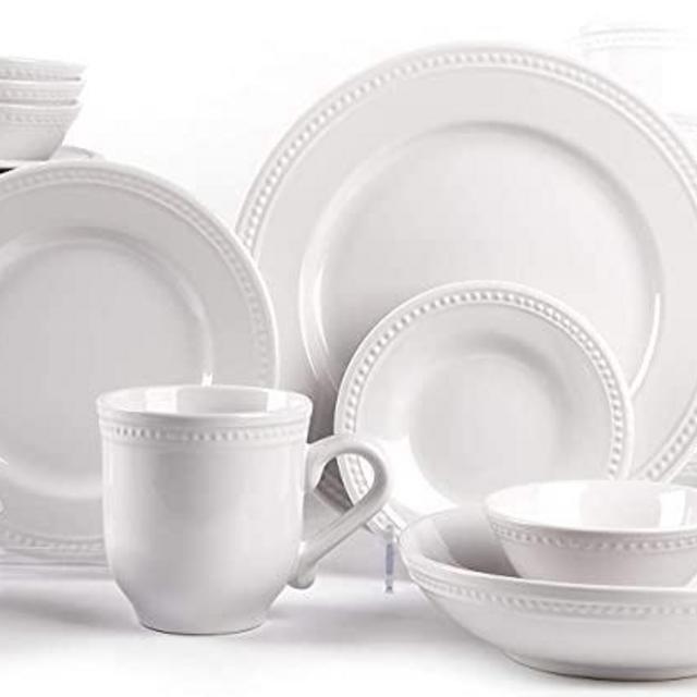 HomeVss, Pearl Dots Stoneware Dinnerware Set (56pc Set, White)