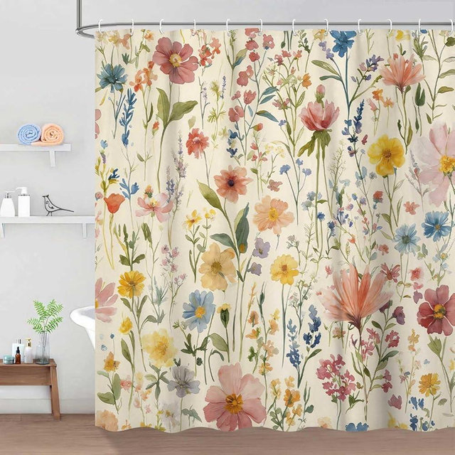 Dizifinn Floral Shower Curtain, Light Yellow Background Vintage Flower Watercolor Plant Polyester Fabric Curtains, Boho Colorful Wildflower Floral Shower Curtains for Bathroom, with Hooks 72x72 Inch