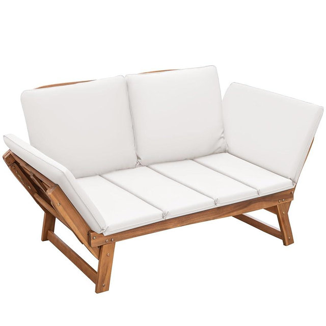 Devoko Outdoor Couch Acacia Wood Patio Couch with Adjustable Armrests, Outdoor Convertible Sofa with Removable Cushions & Pillows for Patio, Porch, Poolside(White)