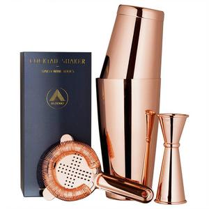 Copper Plated Boston Cocktail Shaker, 4-Piece Set: 18oz & 28oz Weighted Tins, Cocktail Strainer and Double Jigger (0.5oz - 2oz), 18/8 Stainless Steel Cocktail Set with Recipes and Greeting Card