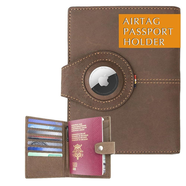GARZINI Passport Holder with AirTag, Passport Wallet with RFID, Travel Accessories, Travel Document Holder with ID Window, Leather Passport Holder for 7 Cards, Java Brown