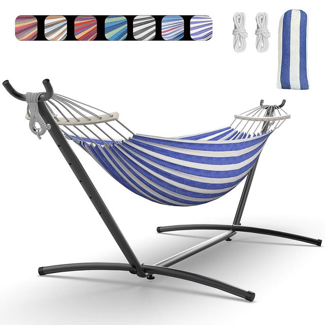 EveryFun Double Hammock with Heavy-Duty Steel Stand,Portable,Easy Assembly,600lbs Weight Capacity,Perfect for Indoor,Yard,Camping,or Outdoor-BlueWhite
