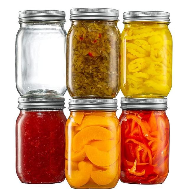Regular-Mouth Glass Mason Jars with Metal Airtight Lids [16 oz. - 1 Pint - 6 Sets] for Canning, Preserving, & Meal Prep