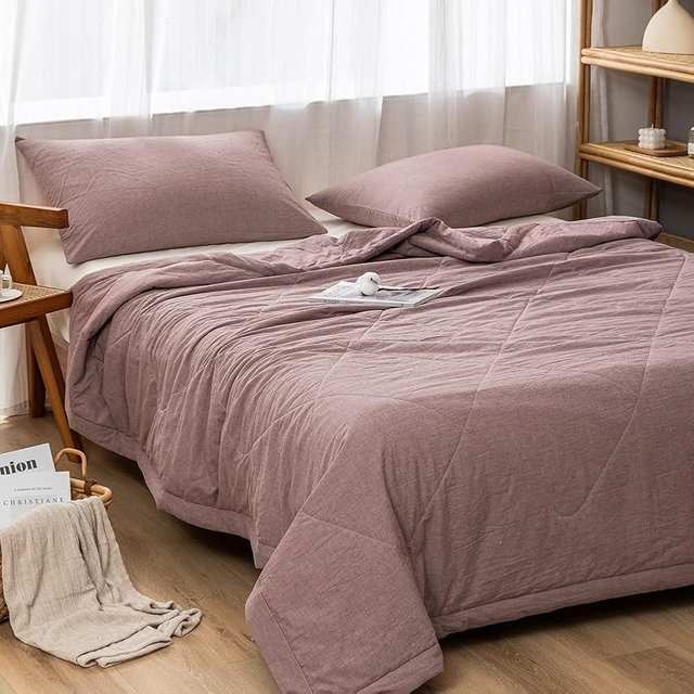 NTCOCO Summer Lightweight Comforter Set,Thin Quilt,100% Washed Cotton,Machine Washable,Soft Comfy Breathable Can Sleep Naked(Queen,Rosy Brown