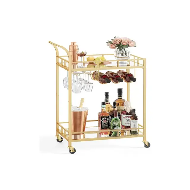 VASAGLE Bar Cart Gold Home Bar Serving Cart Wine Cart, 15"d x 26"w x 35.4"h, Gold