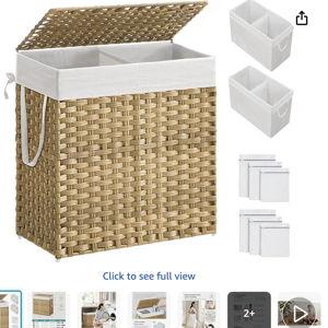 SONGMICS Laundry Hamper with Lid, 110L Clothes Hamper with 2 Removable Liner Bags, 6 Mesh Bags, Wicker Laundry Basket, Double Laundry Hamper for Bathroom, 13 x 22.4 x 23.6 Inches, Natural ULCB52NL
