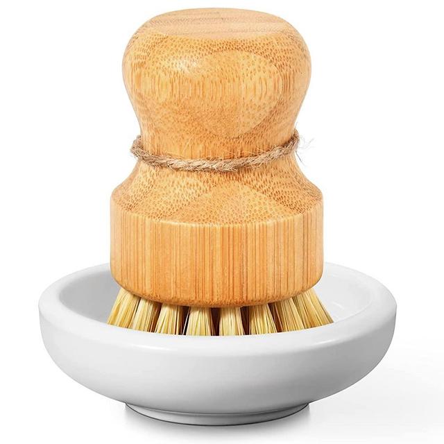 SUBEKYU Bamboo Dish Scrub Brush for Kitchen Sink, Natural Wooden Washing Dish Brush Scrubber, Sisal Bristles Brush for Household Cleaning Cast Iron Brush Pots, Pans and Vegetables
